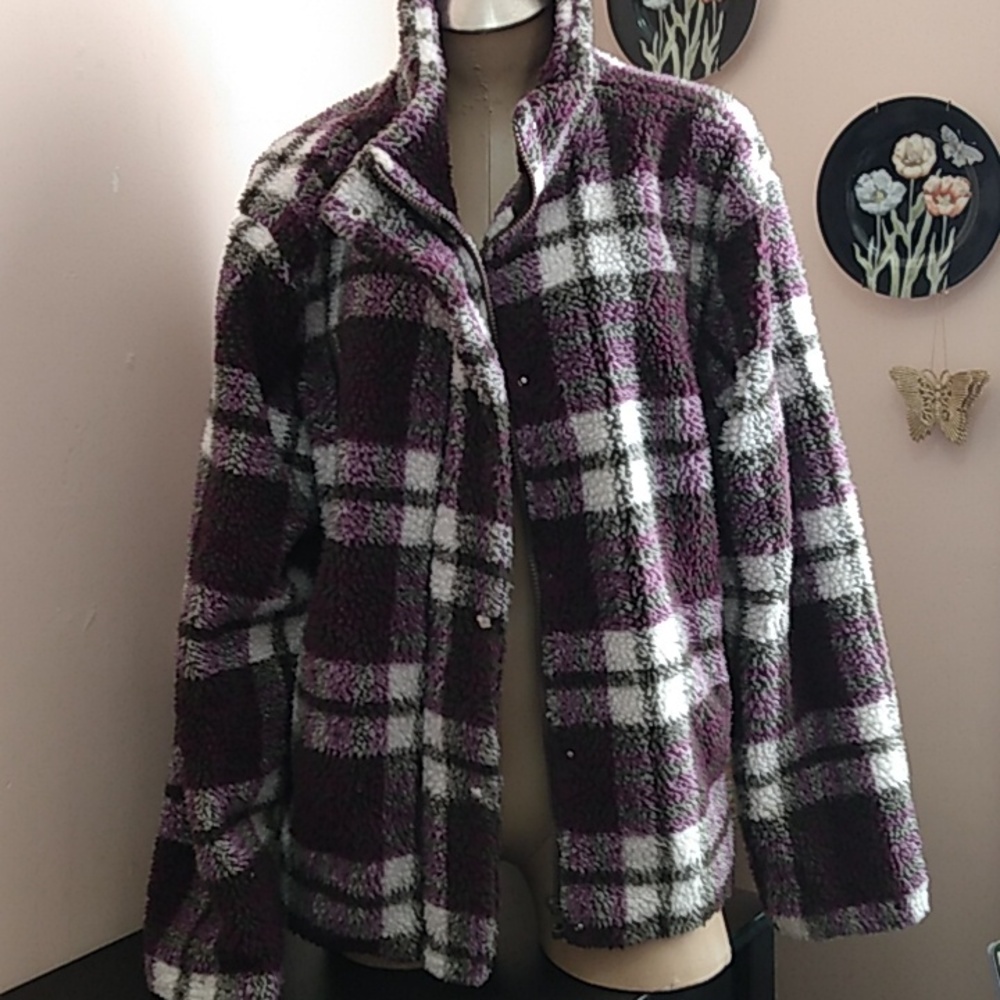 Current Mood Purple Grey Plaid Shabby Grunge Teddy Jacket Sz L